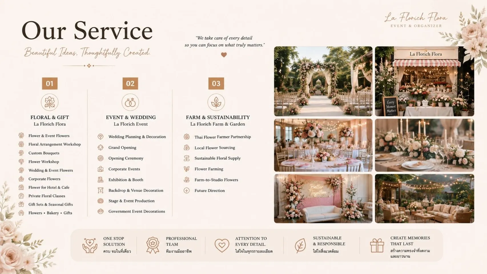 Our Service บริการดอกไม้และของขวัญ งานอีเวนต์และงานแต่งงาน ฟาร์มและความยั่งยืน