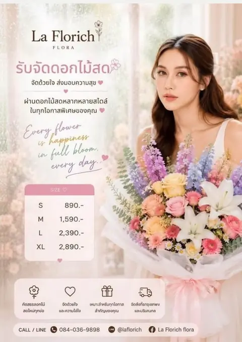 รับจัดดอกไม้สด ราคา S 890 M 1,590 L 2,390 XL 2,890 บาท