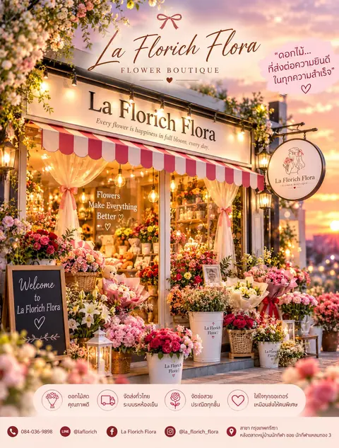 La Florich Flora Flower Boutique หน้าร้านดอกไม้ยามเย็น