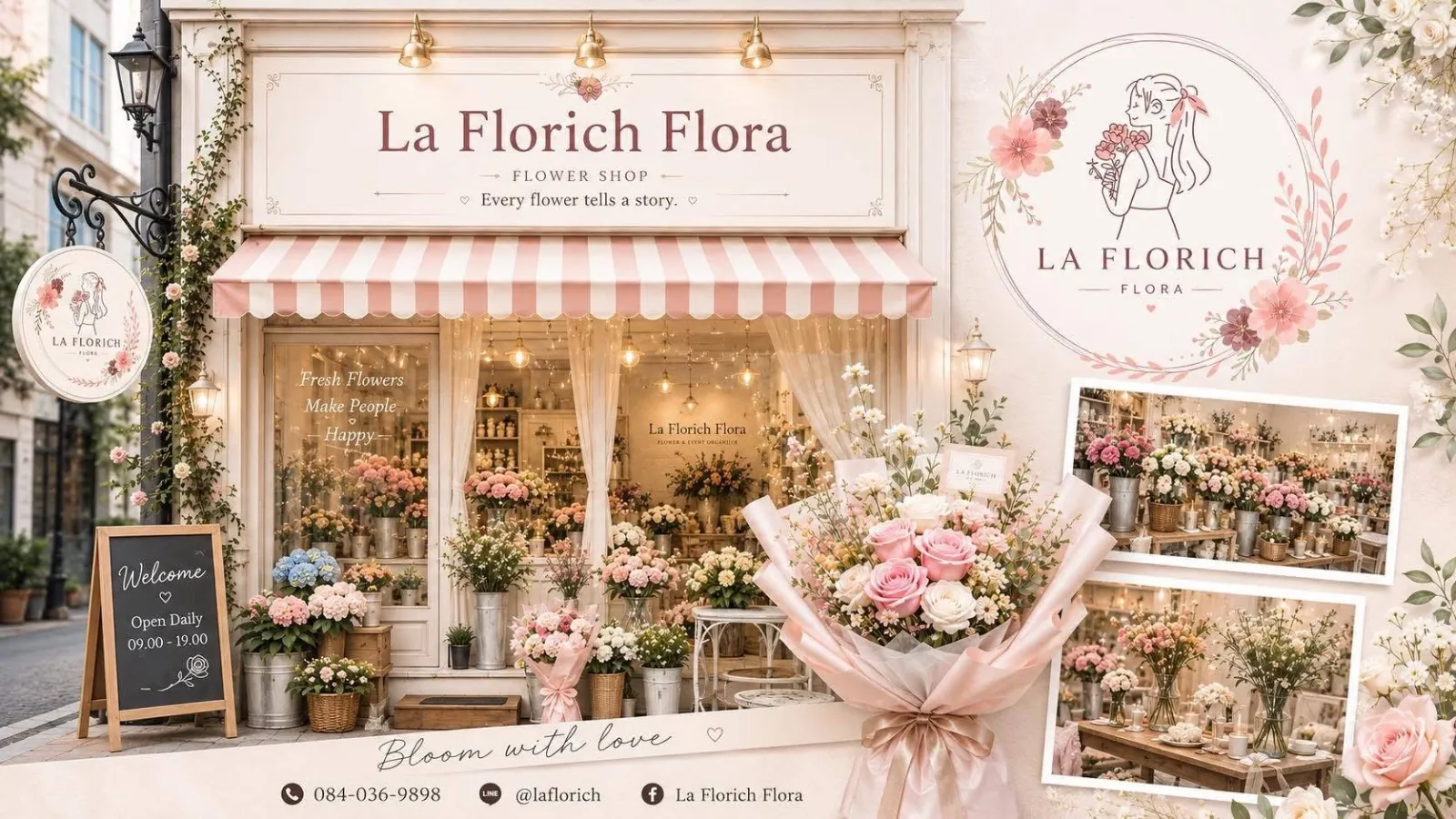 หน้าร้าน La Florich Flora กันสาดลายทางชมพูขาว มีดอกไม้สดวางเต็มหน้าร้าน