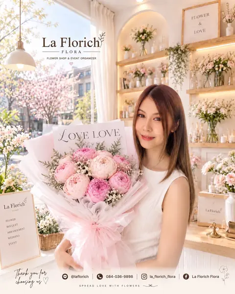 คุณปุยฝ้ายเสื้อขาวถือช่อโบตั๋นชมพู LOVE LOVE ในร้าน La Florich
