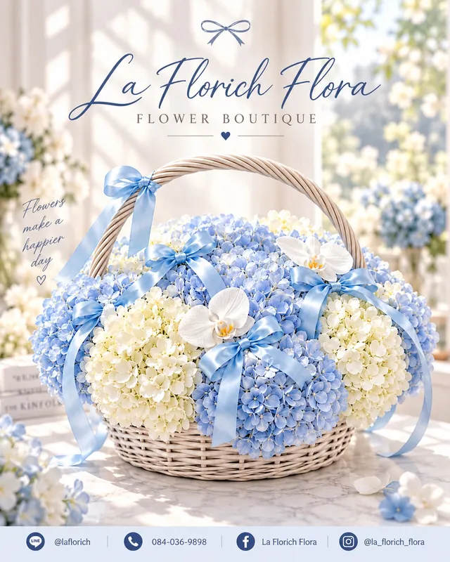 กระเช้าไฮเดรนเยียฟ้าขาวผูกโบว์ฟ้า La Florich Flora