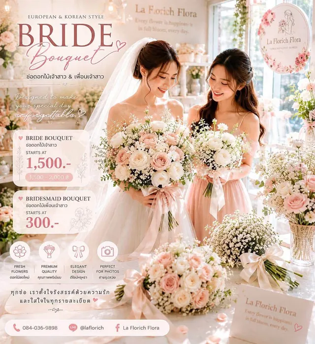 ช่อเจ้าสาวและช่อเพื่อนเจ้าสาวโทนชมพูขาว