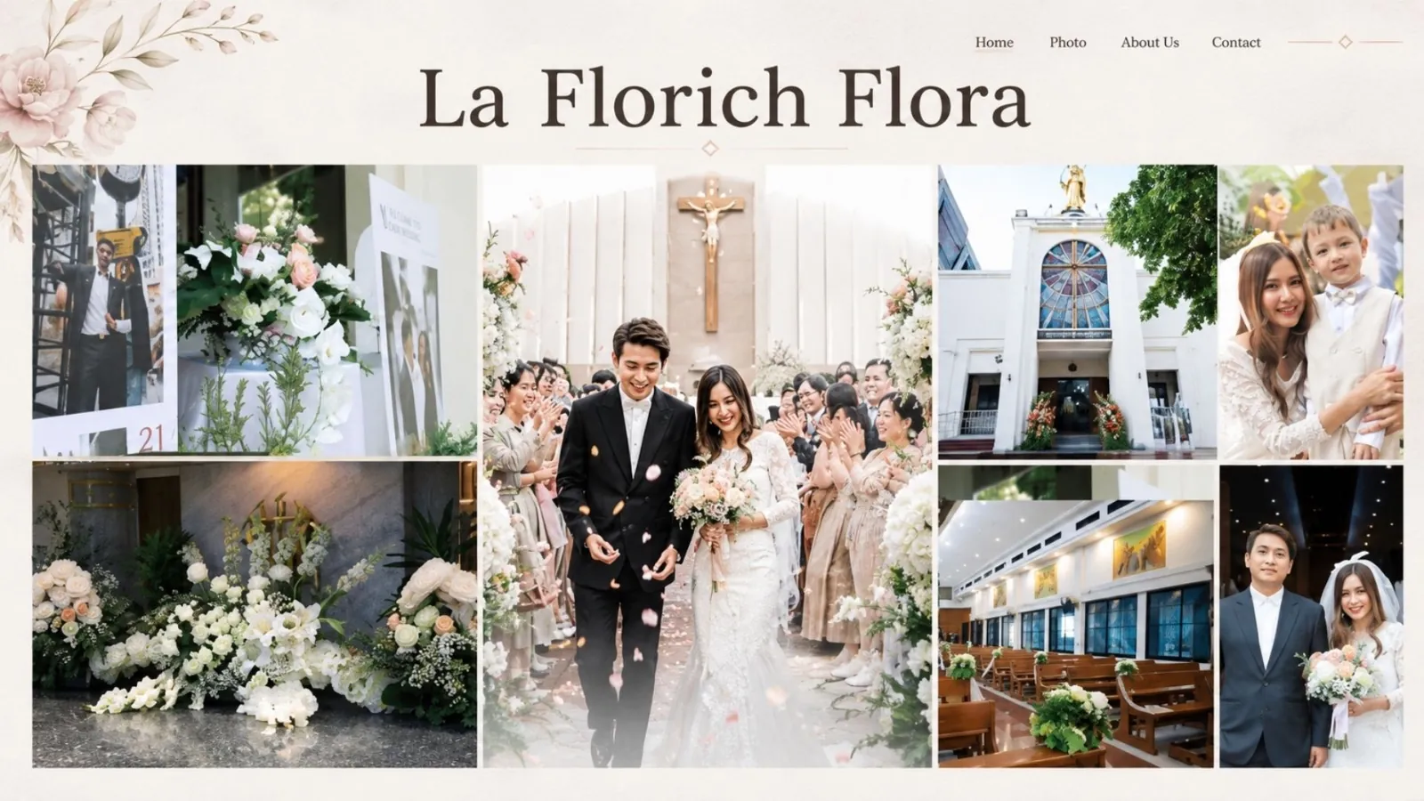 ภาพรวมผลงานตกแต่งดอกไม้งานแต่งงาน ซุ้มดอกไม้สีขาว และงานพิธีของ La Florich Flora